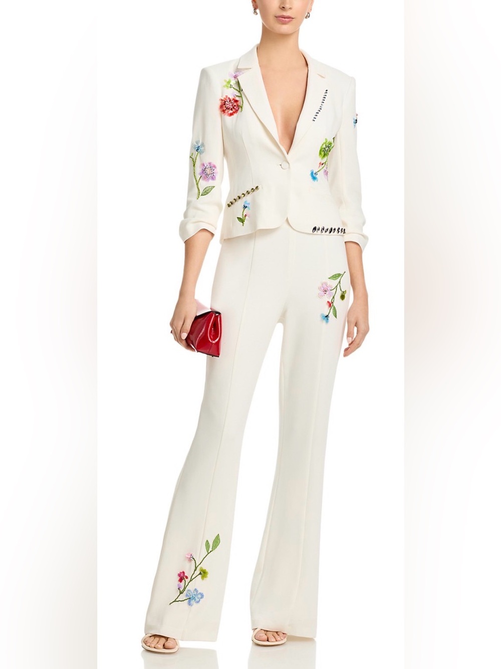 Cinq a Sept Kaitlyn Embellished Floral Vine Embroidered Pants in Ivory